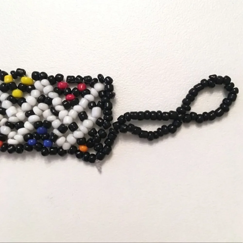 Hand Beaded Mexican Huichol Bracelet Colorful Multicolor Double Zig Zag Rainbow‎